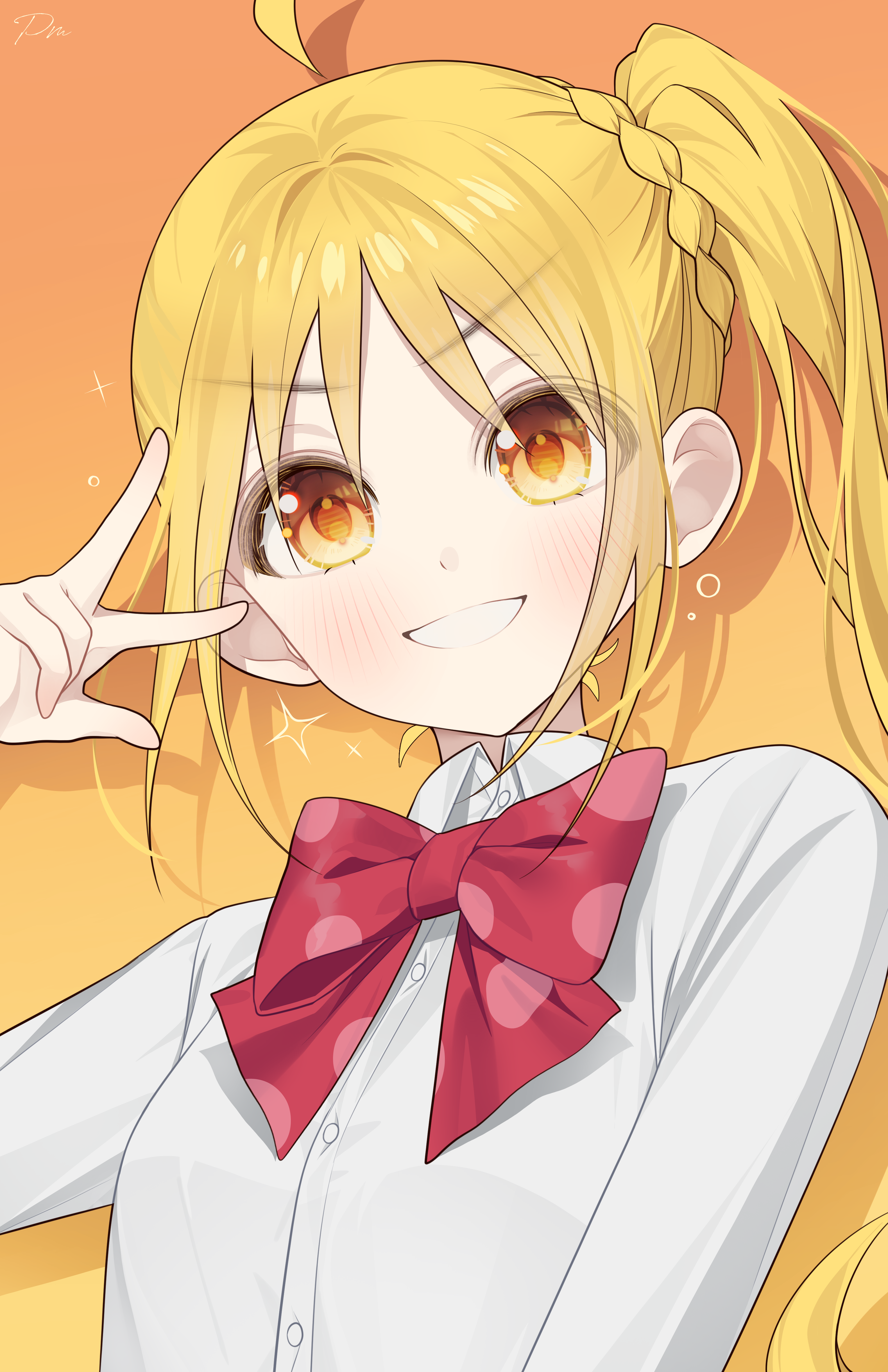 pm (lily112100), ijichi nijika, bocchi the rock!, absurdres, commentary, highres, symbol-only commentary, 1girl, :d, ahoge, arm at side, blonde hair, blush, bow, bowtie, braid, breasts, bubble, buttons, collared shirt, drop shadow, eyes visible through hair, from below, grin, hair between eyes, hand up, high side ponytail, long hair, long sleeves, looking at viewer, open mouth, orange background, pale skin, polka dot, polka dot bow, polka dot bowtie, red bow, red bowtie, school uniform, shirt, sidelocks, simple background, single braid, small breasts, smile, sparkle, v, w, w over eye, white shirt, yellow eyes