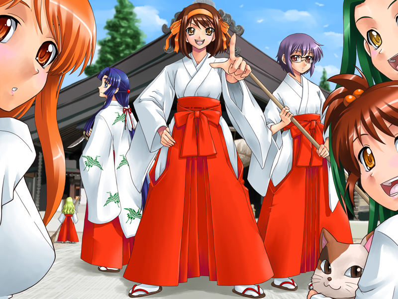 yaso shigeru, asahina mikuru, asakura ryoko, kimidori emiri, nagato yuki, suzumiya haruhi, tsuruya, suzumiya haruhi no yuuutsu, 00s, 6+girls, bird, crane (animal), glasses, hakama, hakama skirt, japanese clothes, miko, multiple girls, red hakama, skirt