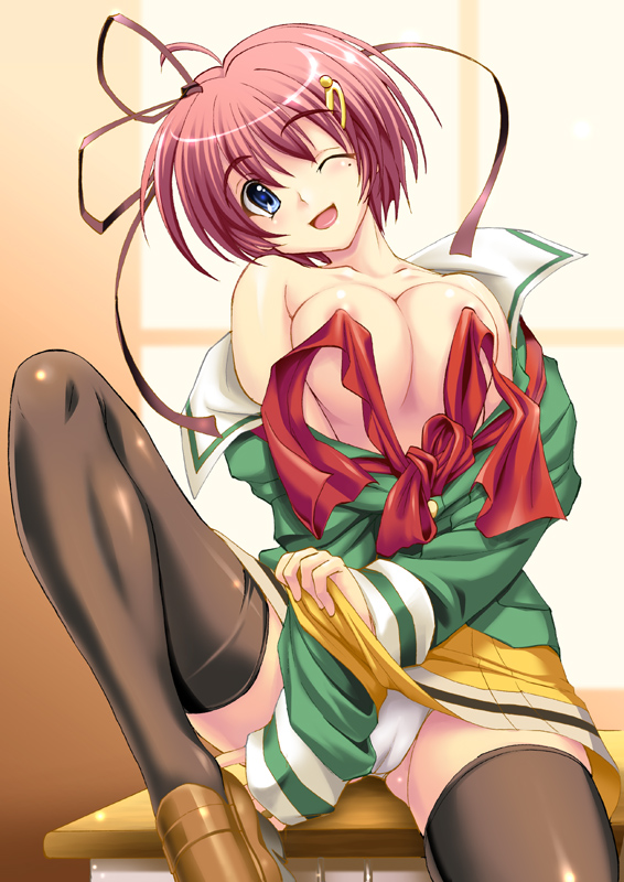 shiruko (inosin), hinomoto hikari, tokimeki memorial, tokimeki memorial 2, 1girl, areola slip, blue eyes, breasts, cameltoe, classroom, clothes lift, desk, female focus, green shirt, hair ornament, hair ribbon, hairpin, indoors, large breasts, mole, mole under eye, no bra, one eye closed, panties, pantyshot, pink hair, ribbon, school, school desk, school uniform, serafuku, shirt, short hair, skirt, skirt lift, smile, solo, thighhighs, underwear, undressing, wink, zettai ryouiki