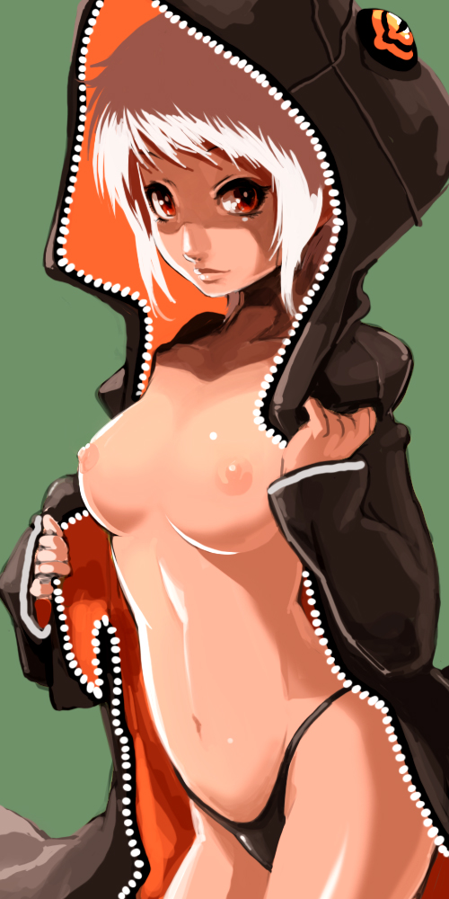 falcoon, original, 1girl, albino, breasts, female focus, jacket, navel, nipples, no bra, open clothes, open jacket, panties, red eyes, simple background, solo, underwear, white hair