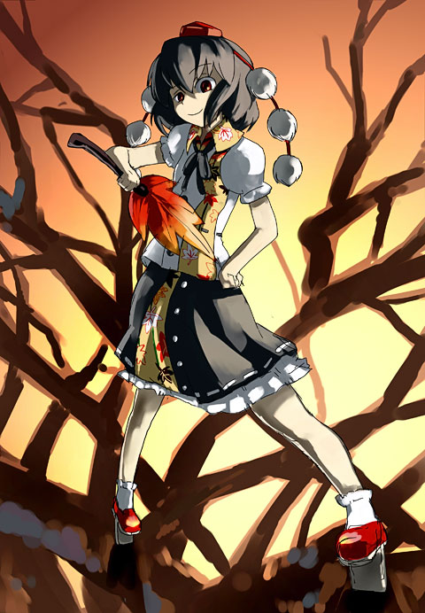 hirosato, shameimaru aya, touhou, 1girl, ankle socks, black hair, female focus, geta, hand fan, hand on own hip, hat, in tree, leaf print, looking at viewer, pom pom (clothes), puffy short sleeves, puffy sleeves, ribbon-trimmed clothes, ribbon trim, short hair, short sleeves, smirk, socks, solo, tengu-geta, tokin hat, tree, white socks