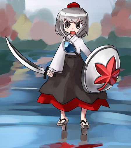 hirosato, inubashiri momiji, touhou, 1girl, female focus, geta, hat, long skirt, shield, skirt, solo, sword, tengu-geta, tokin hat, weapon