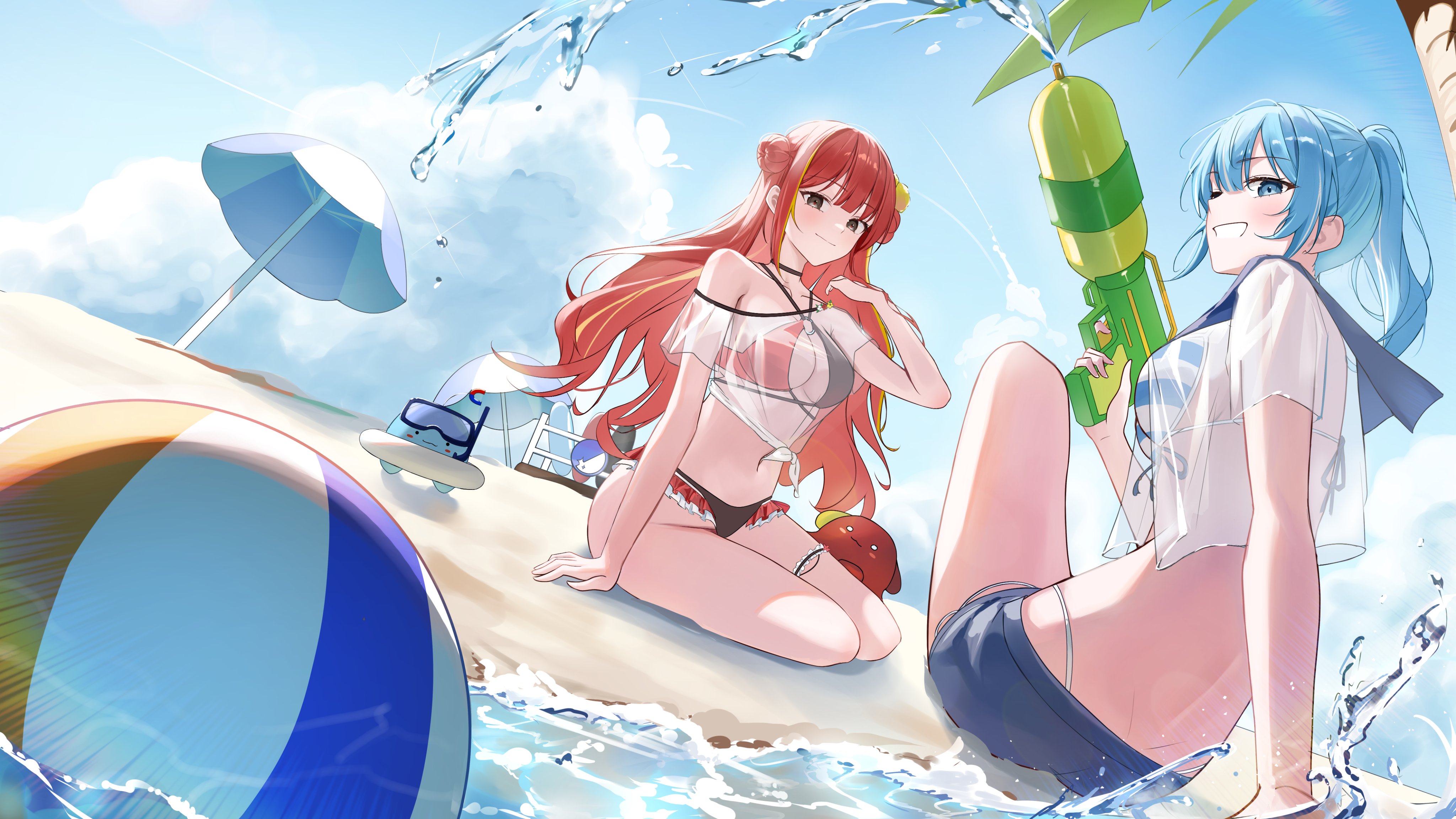 tsuyu (yzxx7825), akane lize, arahashi tabi, pungdangi (arahashi tabi), stellive, super soaker, absurdres, hashtag-only commentary, highres, 2girls, arm support, ball, beach, beachball, bikini, bikini under shorts, blue eyes, blue hair, blue sky, blush, bra, breasts, brown eyes, cloud, collarbone, crop top, day, double bun, dutch angle, glint, grey shorts, grin, hair bun, hand up, holding, holding water gun, large breasts, long hair, looking at viewer, looking back, medium hair, midriff, multicolored bra, multiple girls, navel, o-ring, o-ring bikini, on ground, outdoors, parasol, pienna (akane lize), ponytail, red eyes, sand, see-through clothes, see-through shirt, shirt, short sleeves, shorts, sitting, sky, smile, striped bikini, striped clothes, swimsuit, thigh strap, tied shirt, turning head, two side up, umbrella, underwear, virtual youtuber, water, water gun, white shirt, yokozuwari