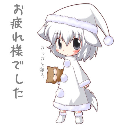 r pascal, inubashiri momiji, touhou, lowres, 1girl, animal ears, chibi, christmas, dress, female focus, hat, nightcap, santa costume, simple background, solo, white background, wolf ears