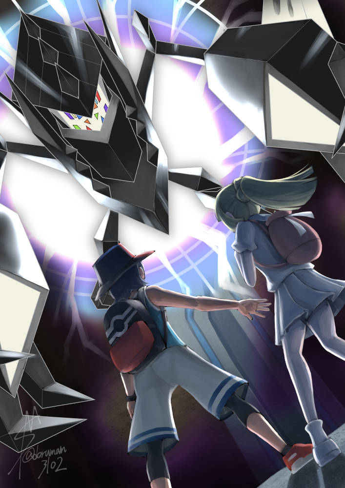 dorumam, elio (pokemon), lillie (pokemon), necrozma, necrozma (normal), nintendo, pokemon, pokemon usum, 1boy, 1girl, aqua shirt, backpack, bag, black hair, black hat, black socks, blonde hair, bracelet, dutch angle, floating, from behind, gen 7 pokemon, hat, jewelry, legendary pokemon, long hair, pink bag, pokemon (creature), ponytail, red shoes, shirt, shoes, short hair, short sleeves, shorts, signature, skirt, sleeveless, sleeveless shirt, socks, standing, white shirt, white shoes, white shorts, white skirt, white socks, wormhole