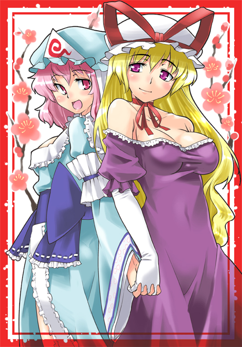 gengorou, saigyouji yuyuko, yakumo yukari, touhou, bad id, bad pixiv id, 2girls, bare shoulders, breasts, dress, elbow gloves, female focus, gloves, hat, large breasts, multiple girls, white background, white gloves