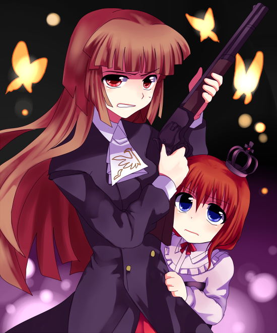 subaru (yachika), ushiromiya maria, ushiromiya rosa, turn of the golden witch, umineko no naku koro ni, 00s, 2girls, age difference, blunt bangs, bug, butterfly, gun, hime cut, insect, mother and daughter, multiple girls, weapon