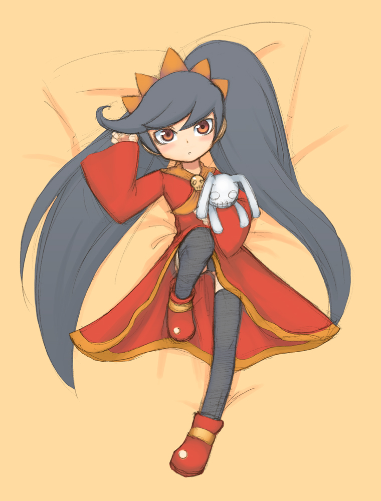 jingai modoki, ashley (warioware), nintendo, warioware, red footwear, neckwear request, 1girl, big hair, black hair, black thighhighs, blush, dress, facing viewer, female focus, hairband, holding, holding stuffed toy, loli, long hair, long sleeves, looking at viewer, lying, neckerchief, on back, orange hairband, orange neckerchief, panties, pantyshot, red dress, red eyes, sidelocks, skull, solo, stuffed animal, stuffed rabbit, stuffed toy, swept bangs, thighhighs, twintails, underwear, witch