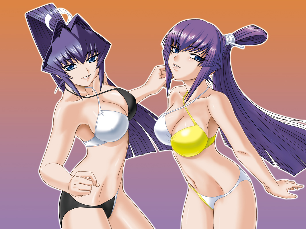 misnon the great, koubuin yuuhi, mitsurugi meiya, muv-luv, 2girls, bikini, blue eyes, cowboy shot, gradient background, hair intakes, halterneck, high ponytail, long hair, multiple girls, outline, ponytail, purple hair, siblings, sisters, swimsuit, twins, very long hair, white outline
