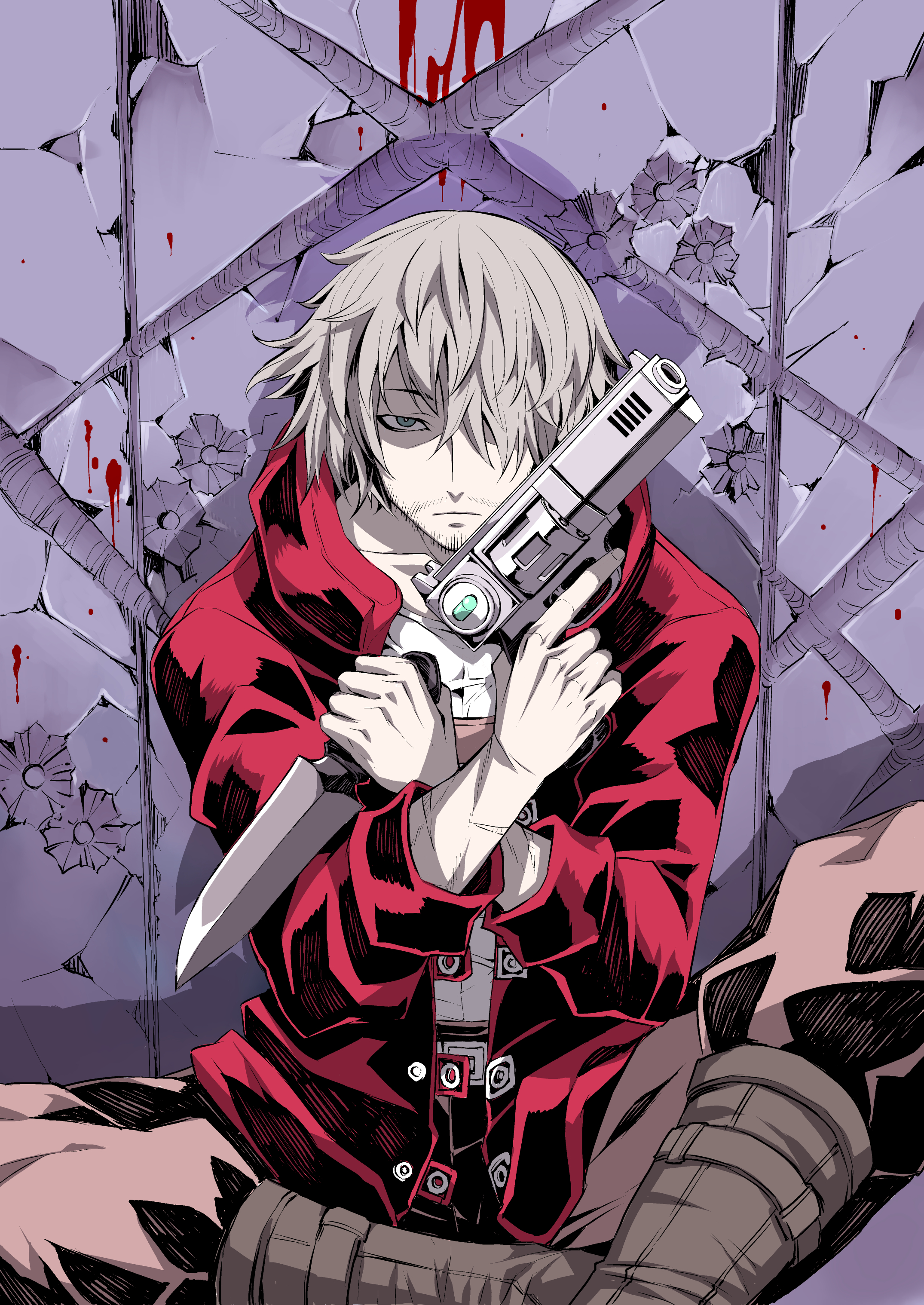 tatsubon, absurdres, character request, commentary request, copyright request, highres, 1boy, asymmetrical bangs, battle damage, blood, boots, brown boots, brown pants, bullet hole, collarbone, dagger, facial hair, feet out of frame, grey hair, gun, hair over one eye, handgun, holding, holding dagger, holding gun, holding knife, holding weapon, indian style, jacket, knife, long bangs, long sleeves, looking at viewer, male focus, one eye covered, open clothes, open jacket, pants, red eyes, scar, scar on arm, short hair, sitting, straight-on, weapon