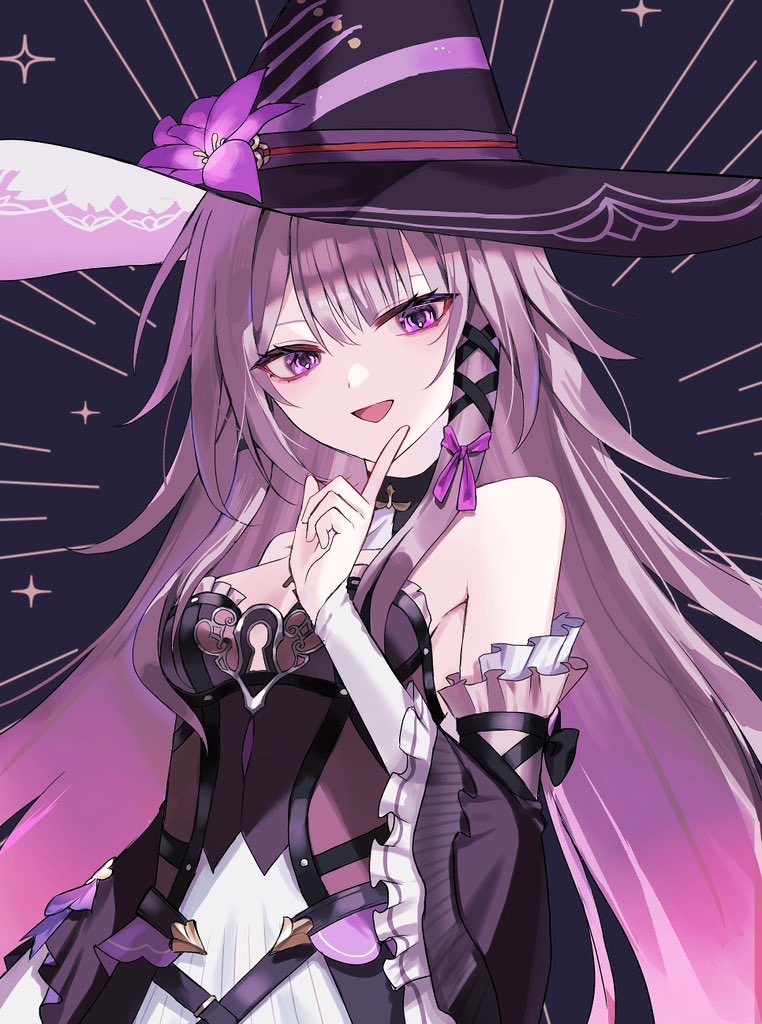towa1363059, herta (honkai: star rail), the herta (honkai: star rail), honkai: star rail, honkai (series), 1girl, bare shoulders, black dress, black hat, black sleeves, breasts, brown hair, detached sleeves, dress, flower, frilled sleeves, frills, gradient hair, hat, hat flower, index finger raised, looking at viewer, multicolored hair, open mouth, purple eyes, purple flower, solo, strapless, strapless dress, upper body, wide sleeves, witch hat