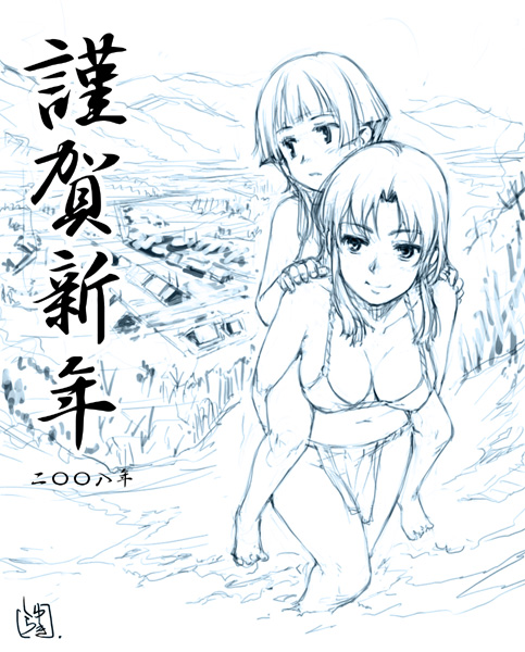 shirayuki shoushirou, original, 00s, 2008, 2girls, bikini, black eyes, black hair, blue theme, breasts, cleavage, fundoshi, japanese clothes, large breasts, long hair, monochrome, multiple girls, new year, sketch, snow, swimsuit