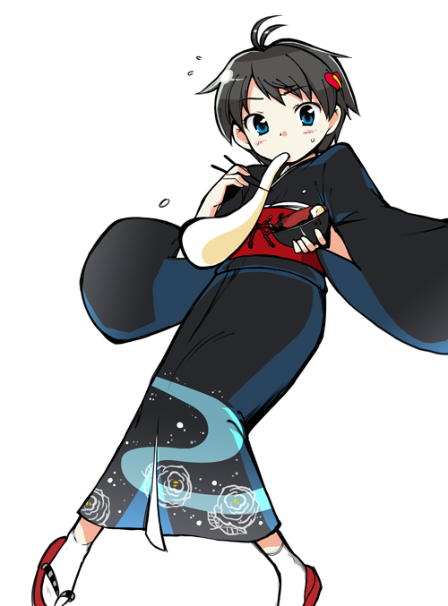 heebee, original, 1girl, antenna hair, black hair, blue eyes, chopsticks, female focus, food, japanese clothes, kimono, mochi, new year, short hair, solo, wagashi, zouni soup