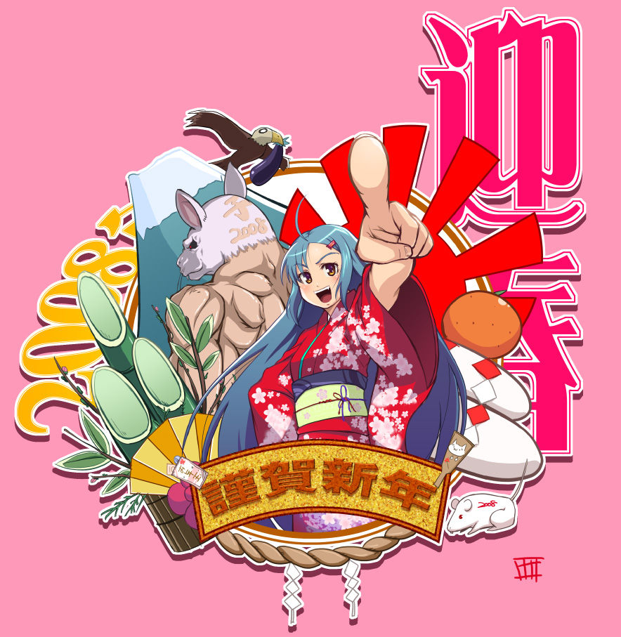taru neko, original, 00s, 1girl, 2008, :d, ahoge, bird, blue hair, brown eyes, eggplant, floral print, foreshortening, from behind, hagoita, hair ornament, hairclip, hand on own hip, hatsuyume, hawk, japanese clothes, kadomatsu, kagami mochi, kimono, mount fuji, mountain, mouse (animal), new year, obi, open mouth, paddle, pink background, pointing, pointing at viewer, rope, sash, shide, shimenawa, smile