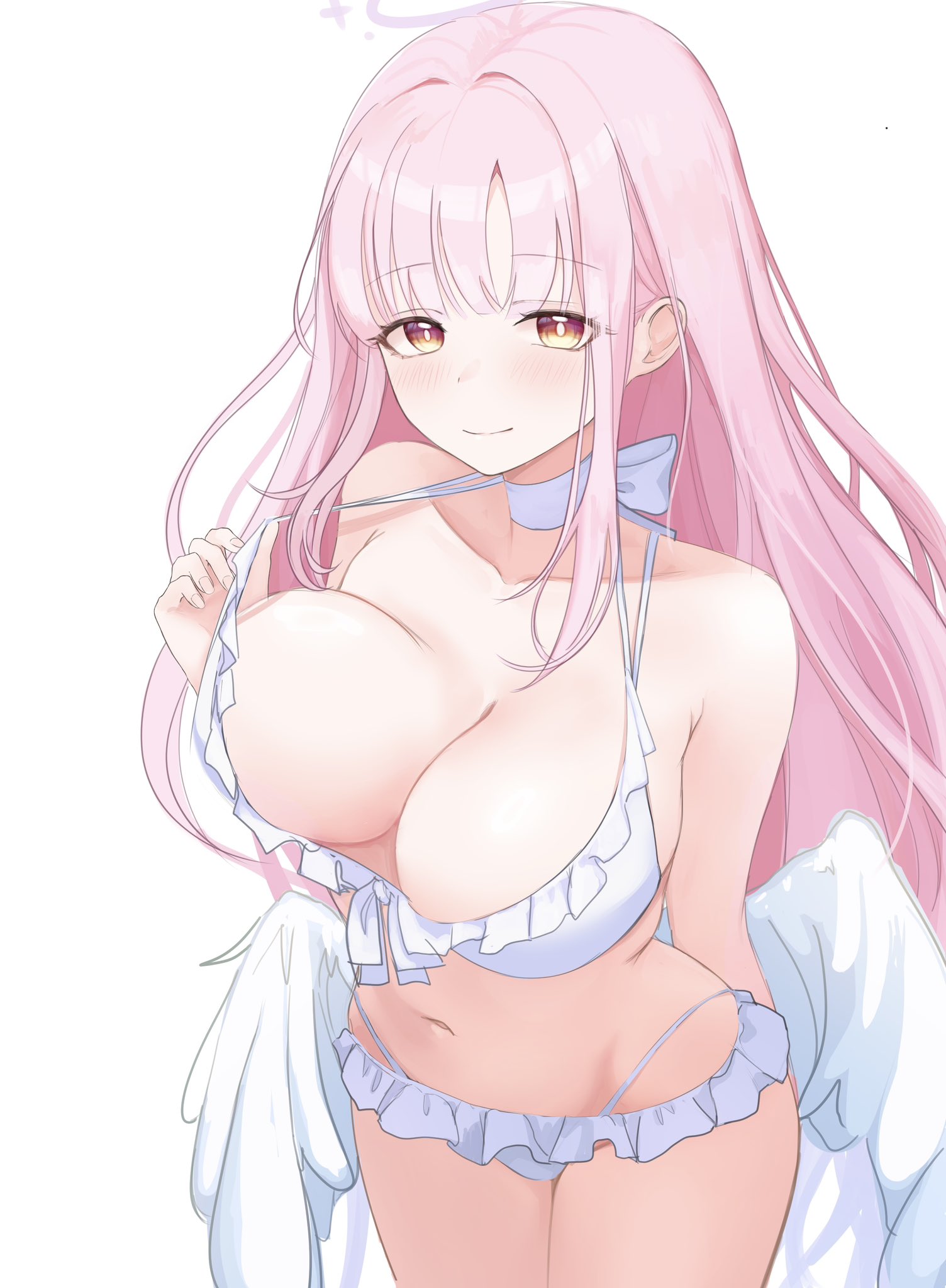 mika (blue archive), mika (swimsuit) (blue archive), blue archive, highres, 1girl, arm behind back, bikini, bikini pull, blunt bangs, blush, breasts, choker, cleavage, clothes pull, frilled bikini, frills, halo, large breasts, long hair, looking at viewer, low wings, mako draw01, official alternate costume, pink hair, sidelocks, smile, solo, swimsuit, white bikini, white choker, white wings, wings, yellow eyes