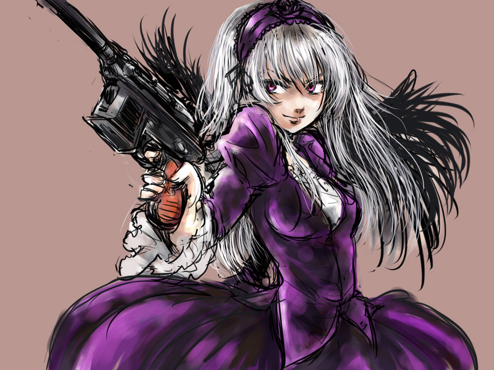 osakana (denpa yun'yun), suigintou, rozen maiden, silver hair, 00s, 1girl, dress, female focus, gothic lolita, gun, hairband, handgun, lolita fashion, mauser c96, pistol, purple eyes, simple background, solo, weapon, wings