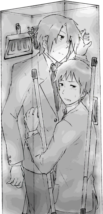 hinoeya kiuri, koizumi itsuki, kyon, suzumiya haruhi no yuuutsu, 00s, 2boys, greyscale, in container, in locker, locker, male focus, monochrome, multiple boys, school, school uniform, serafuku