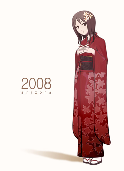mamoru (arizona), original, 00s, 1girl, 2008, brown eyes, brown hair, dated, female focus, flower, hair flower, hair ornament, japanese clothes, kimono, new year, obi, own hands clasped, own hands together, sash, shadow, simple background, solo, tabi, white background, wide sleeves