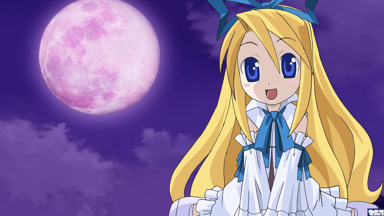 flonne, disgaea, makai senki disgaea, 00s, angel, blonde hair, blue eyes, detached sleeves, long hair, moon, ribbon, smile, solo