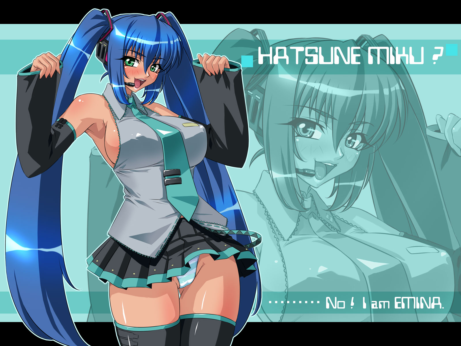 kagami hirotaka, emina (emina&aki), hatsune miku, emina&aki, original, vocaloid, highres, 1girl, blue hair, blush, breasts, cosplay, female focus, green eyes, hatsune miku (cosplay), huge breasts, large breasts, long hair, panties, pantyshot, solo, striped clothes, striped panties, thighhighs, twintails, underwear, very long hair, zoom layer