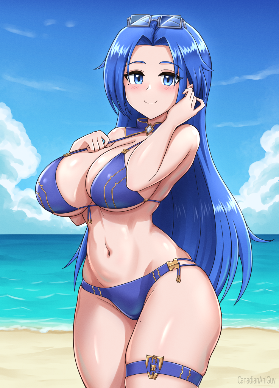 canadiananiguy, original, highres, 1girl, beach, bikini, blue eyes, blue hair, blue sky, borrowed character, breasts, cloud, day, eyewear on head, horizon, large breasts, long hair, looking at viewer, multi-strapped bikini bottom, navel, ocean, outdoors, sky, solo, sunglasses, swimsuit, thigh strapp