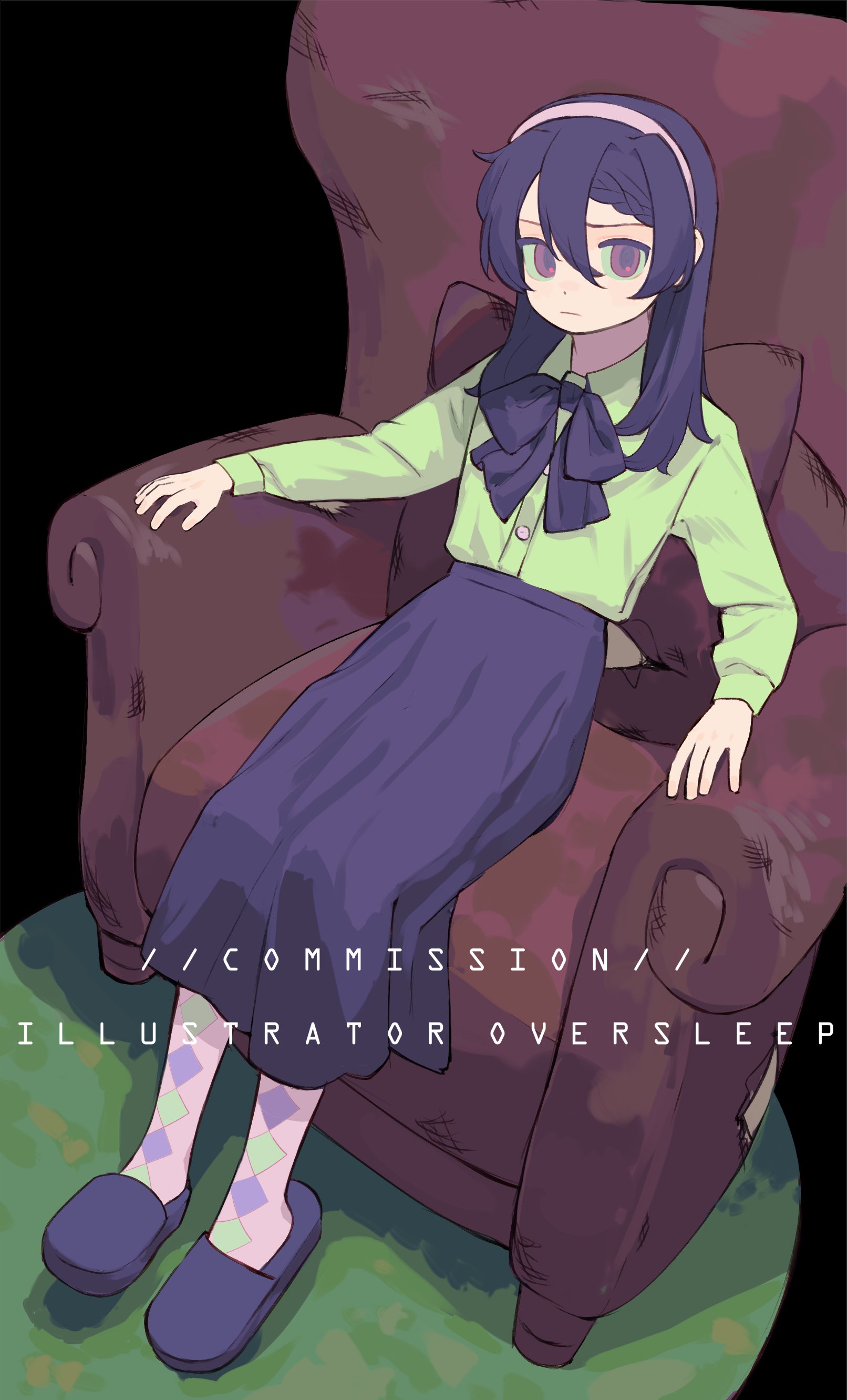 oversleep, original, absurdres, highres, 1girl, armchair, black bow, black hair, black skirt, bow, bowtie, chair, closed mouth, collared shirt, couch, english text, full body, hair between eyes, hairband, long hair, long skirt, long sleeves, looking at viewer, pantyhose, purple eyes, shirt, shoes, sitting, skirt, slippers, solo, white shirt