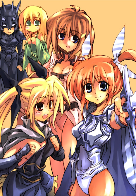 kouno hikaru, cain highwind, cecil harvey, chrono harlaown, dragoon (final fantasy), edward geraldine, fate testarossa, ninja (final fantasy), paladin (final fantasy), rosa farrell, rydia (adult) (ff4), rydia (ff4), summoner (final fantasy), takamachi nanoha, white mage (final fantasy), yagami hayate, yuuno scrya, final fantasy, final fantasy iv, lyrical nanoha, mahou shoujo lyrical nanoha, mahou shoujo lyrical nanoha strikers, 1boy, 4girls, blonde hair, cain highwind (cosplay), cecil harvey (cosplay), cosplay, crossdressing, dragoon, edward geraldine (cosplay), multiple girls, ninja, paladin, parody, rosa farrell (cosplay), rydia (ff4) (cosplay), summoner