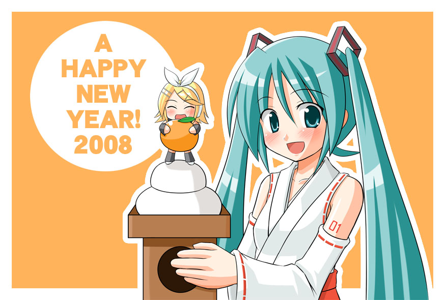 shinjou ryou, hatsune miku, kagamine rin, vocaloid, 00s, 2008, 2girls, aqua hair, food, japanese clothes, miko, mochi, multiple girls, new year, twintails, wagashi