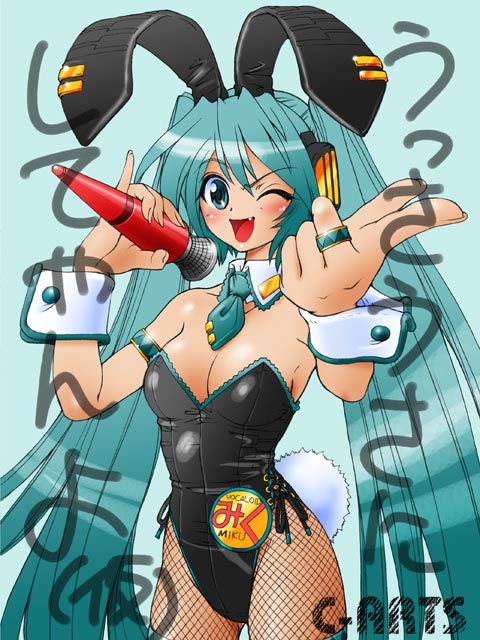 maguta, hatsune miku, vocaloid, animal ears, fake animal ears, fishnet pantyhose, fishnets, leotard, long hair, pantyhose, playboy bunny, rabbit ears, solo, twintails, very long hair