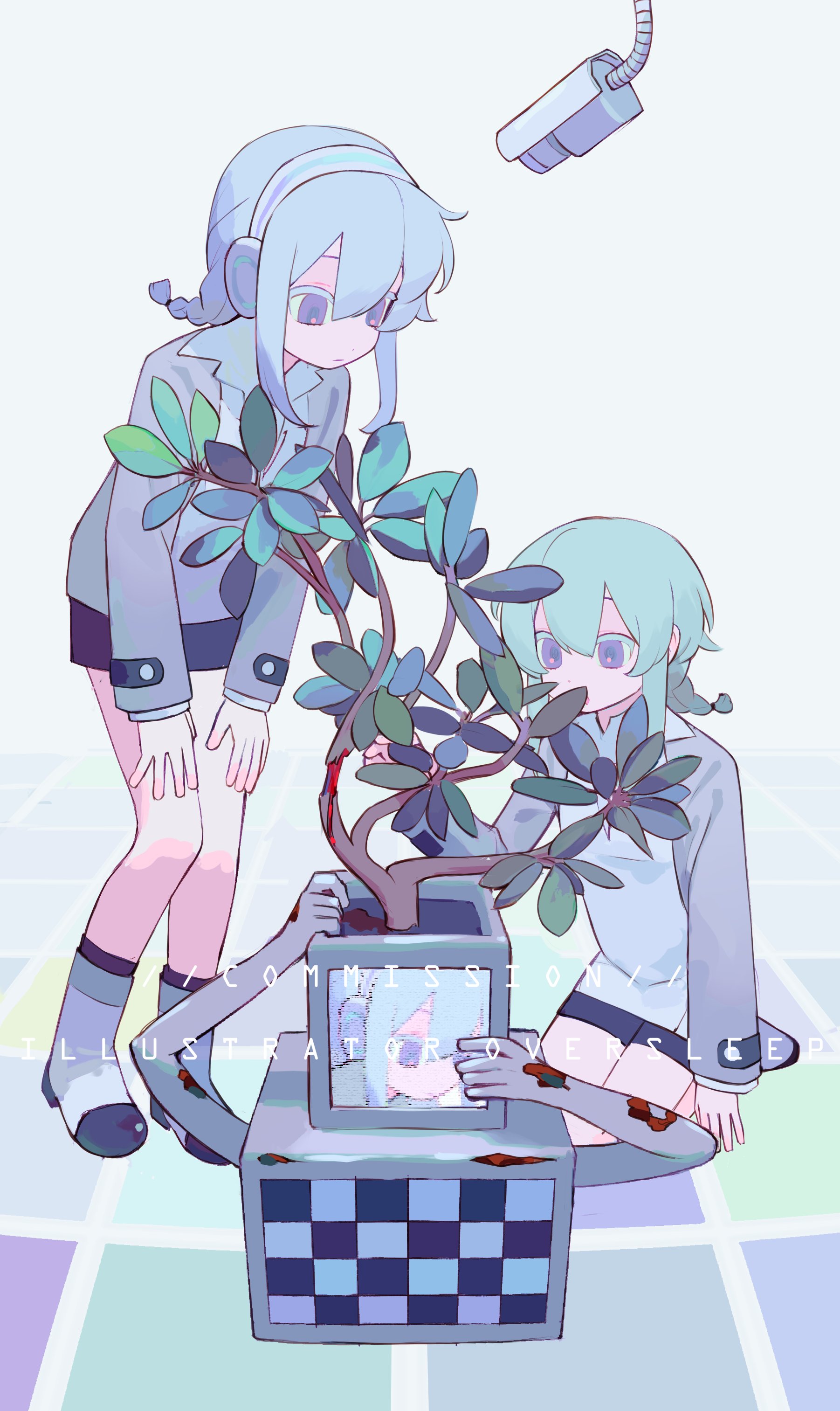 oversleep, original, absurdres, highres, 2girls, black shorts, blue hair, boots, braid, english text, full body, green hair, hair between eyes, hairband, hands on own knees, headphones, jacket, kneeling, leaning forward, long hair, long sleeves, multiple girls, plant, purple eyes, shorts, sitting, twin braids, wariza