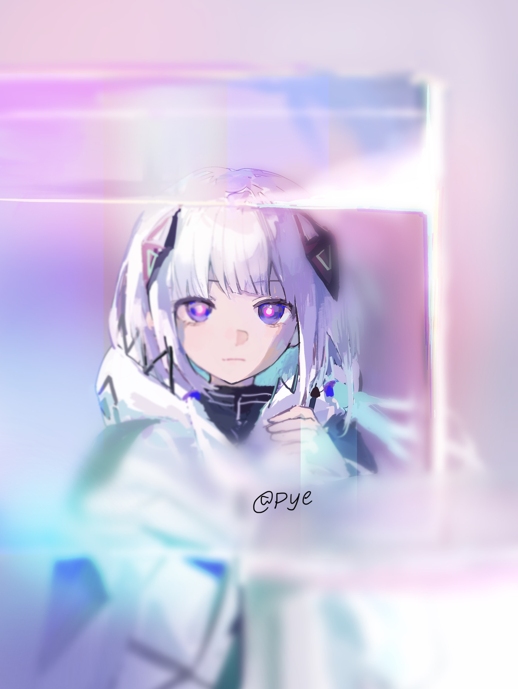 pye yyy, kafu (cevio), cevio, commentary, english commentary, highres, 1girl, aegyo sal, aqua hair, arm at side, artist name, black shirt, blue eyes, blunt bangs, blurry, bob cut, bright pupils, closed mouth, colored inner hair, hair ornament, hand up, hood, hood down, hooded jacket, jacket, light frown, long sleeves, multicolored hair, painterly, shirt, short hair, solo, straight-on, two-tone hair, upper body, white hair, white jacket, white pupils