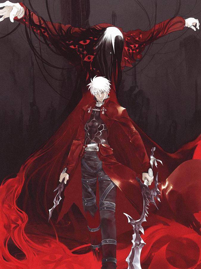 sumi keiichi, alucard (hellsing), archer (fate), fate/stay night, fate (series), hellsing, 00s, 2boys, armor, black hair, blood, crossover, gloves, long hair, male focus, manly, multiple boys, sword, weapon, white hair
