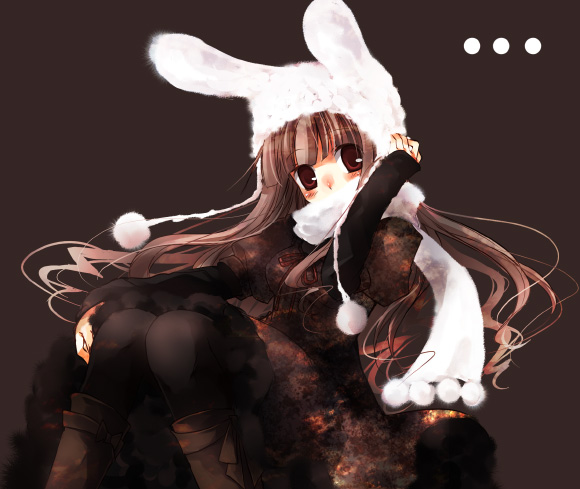 suzushiro kurumi, original, 1girl, animal ears, boots, brown eyes, brown hair, fake animal ears, female focus, looking to the side, pantyhose, rabbit ears, scarf, simple background, skirt, solo