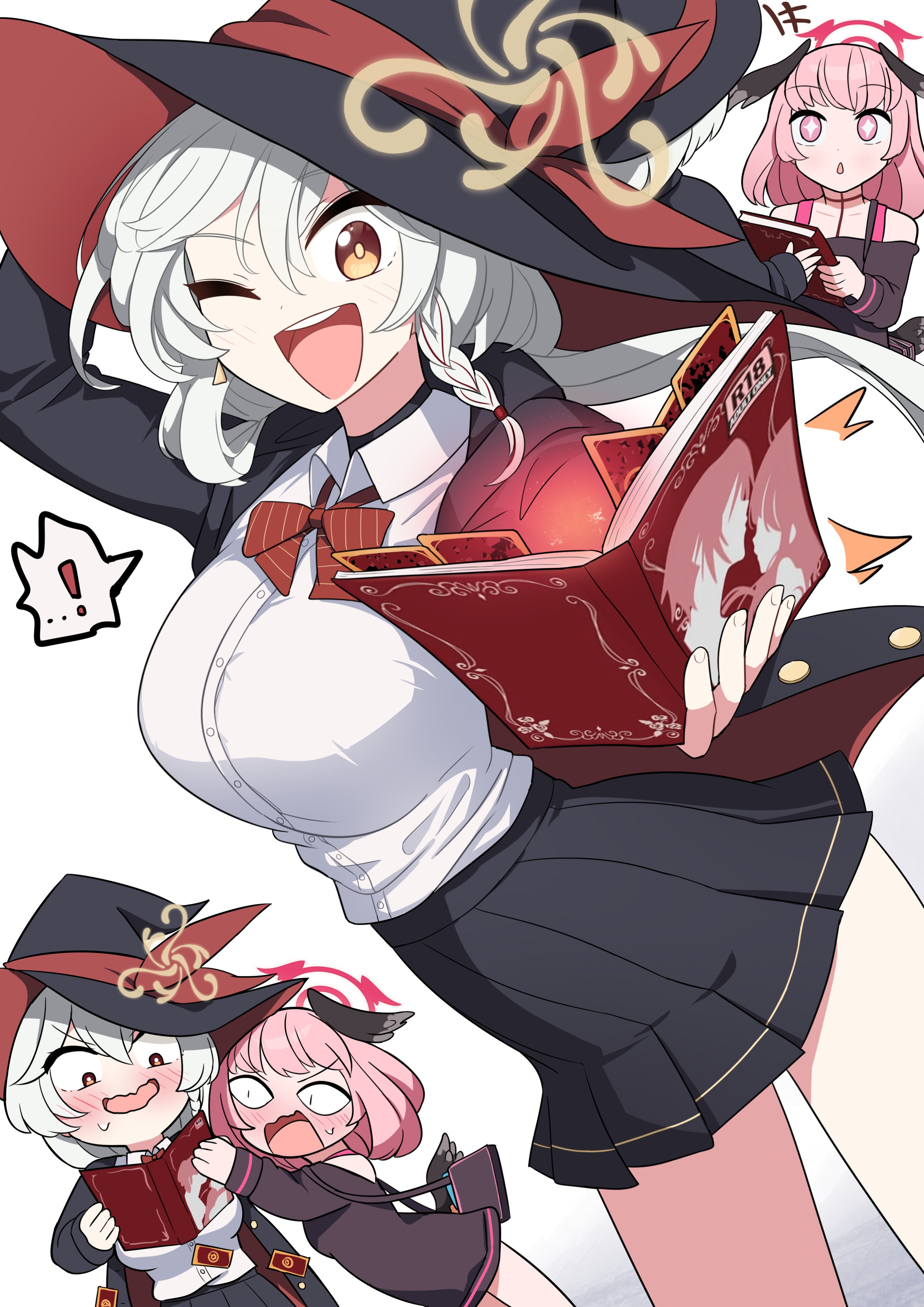 kittenlochen, eri (blue archive), koharu (blue archive), blue archive, absurdres, commentary request, highres, !, + +, 2girls, :d, black jacket, black skirt, blush, bow, bowtie, braid, breasts, caught, deformed, dress shirt, dutch angle, embarrassed, flustered, halo, hat, head wings, holding, holding magazine, jacket, large breasts, magazine (object), magic, multiple girls, off shoulder, one eye closed, open mouth, pink hair, pleated skirt, pornography, red bow, red bowtie, school uniform, shirt, single braid, skirt, slit pupils, smile, solo, tarot, white background, white hair, white shirt, wings, witch hat, yellow eyes