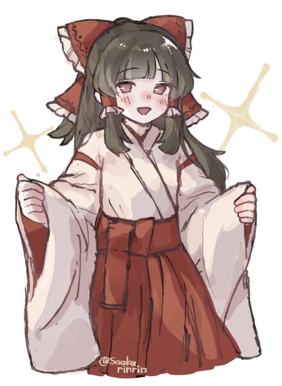 saakarinrin, hakurei reimu, touhou, commentary request, 1girl, alternate costume, blush, bow, brown hair, frilled bow, frilled hair tubes, frills, hair bow, hair tubes, hakama, hakama skirt, japanese clothes, kimono, long hair, long sleeves, looking at viewer, miko, open mouth, red bow, red eyes, red hakama, skirt, smile, solo, twitter username, very long hair, white kimono, wide sleeves