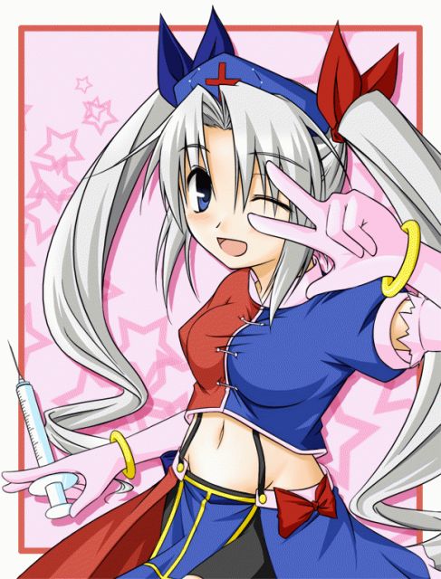 takoyaki (takoyaki-batake), yagokoro eirin, touhou, silver hair, 1girl, alternate hairstyle, blue eyes, female focus, gloves, hat, long hair, magical girl, navel, one eye closed, open mouth, smile, solo, syringe, twintails, wink