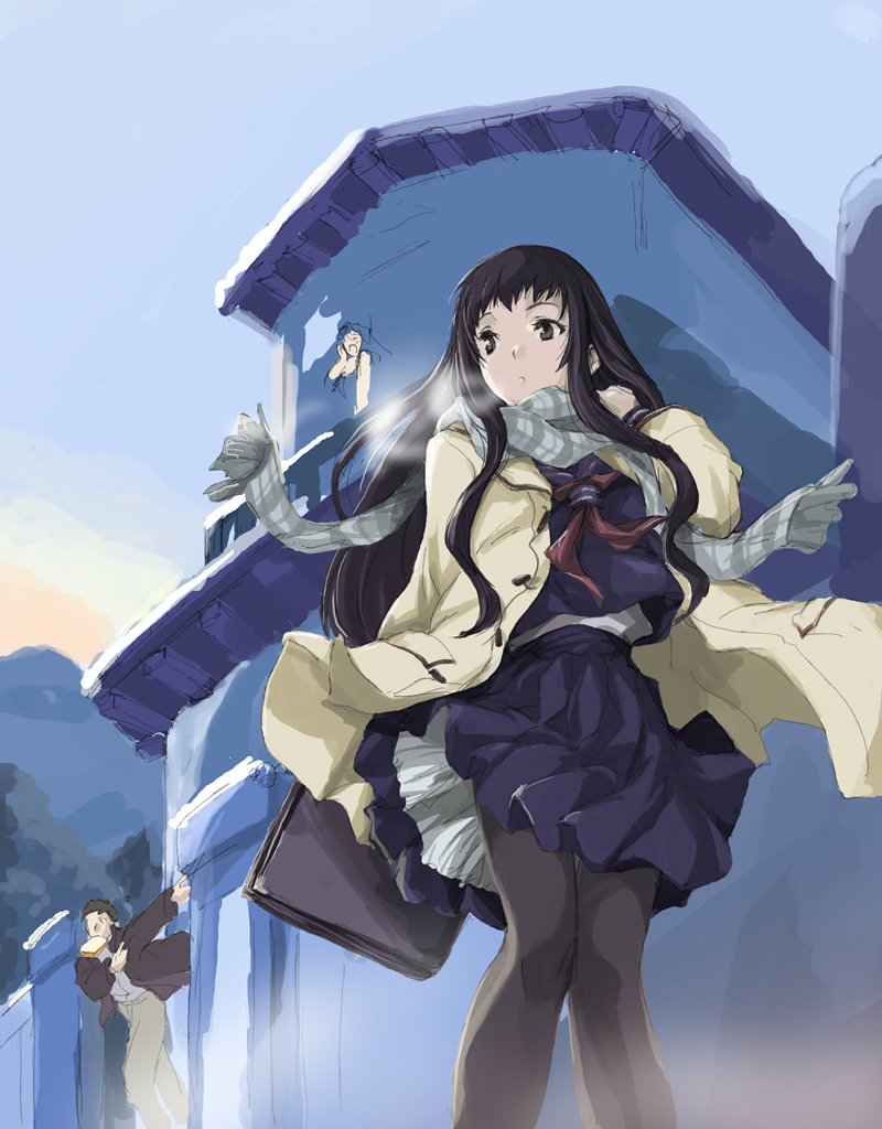 matsukura nemu, original, black legwear, 1boy, 2girls, breath, multiple girls, pantyhose, plaid clothes, plaid scarf, scarf, school uniform, serafuku, sketch