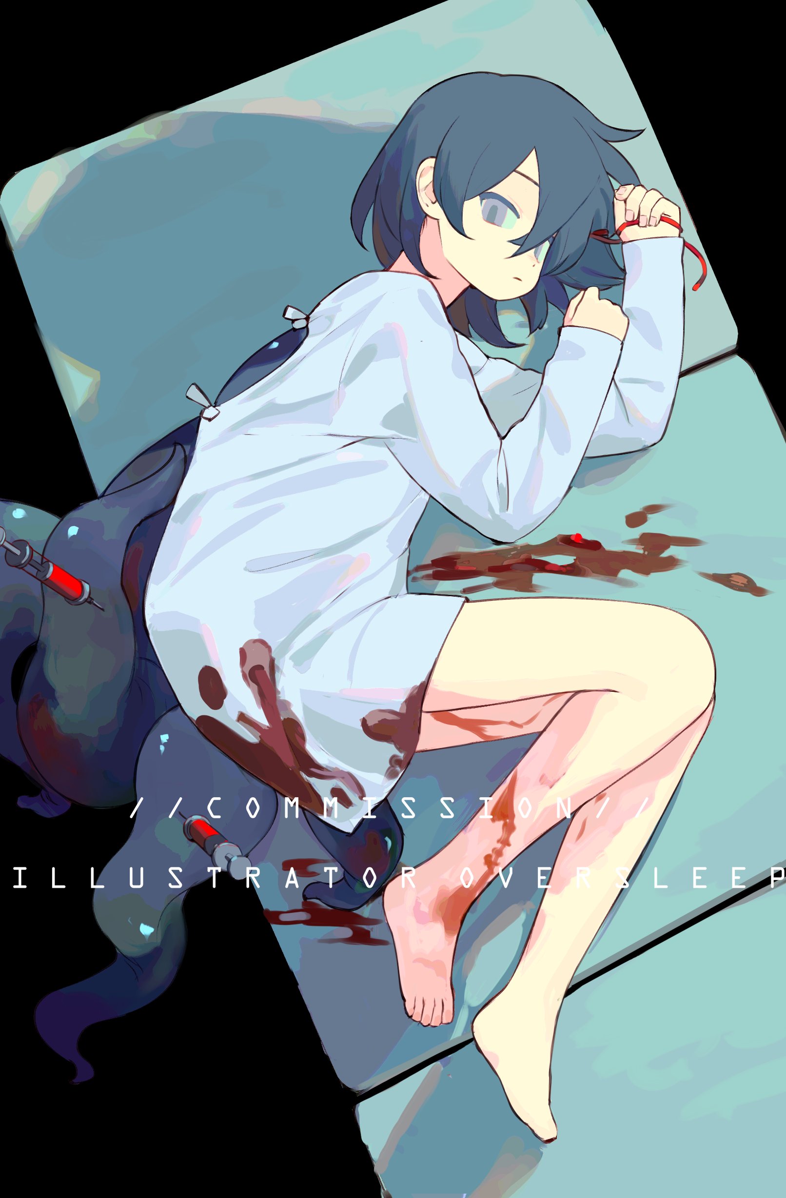 oversleep, original, absurdres, highres, 1girl, bare legs, barefoot, black hair, blood, blood on clothes, blood on leg, blue hair, english text, full body, hair between eyes, hair over one eye, long sleeves, lying, on side, purple eyes, ribbon, shirt, short hair, syringe, tentacles