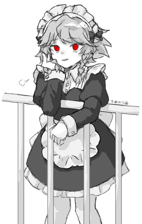 saakarinrin, izayoi sakuya, touhou, commentary, 1girl, apron, artist name, braid, greyscale, hand on own cheek, hand on own face, juliet sleeves, long hair, long sleeves, maid, maid headdress, monochrome, open mouth, puff of air, puffy sleeves, red eyes, smile, solo, spot color, twin braids, waist apron