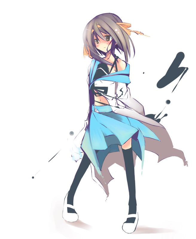 kanikama, suzumiya haruhi, suzumiya haruhi no yuuutsu, 00s, blush, brown hair, ribbon, school uniform, serafuku, solo, thighhighs, torn clothes