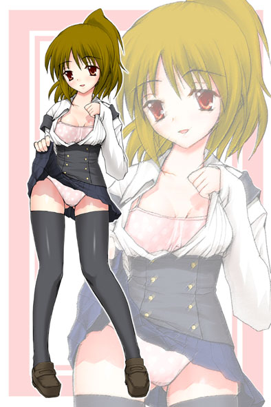 kotobuki utage, katou otome, school days, 00s, 1girl, clothes lift, female focus, panties, school uniform, serafuku, skirt, skirt lift, solo, thighhighs, underwear, zettai ryouiki