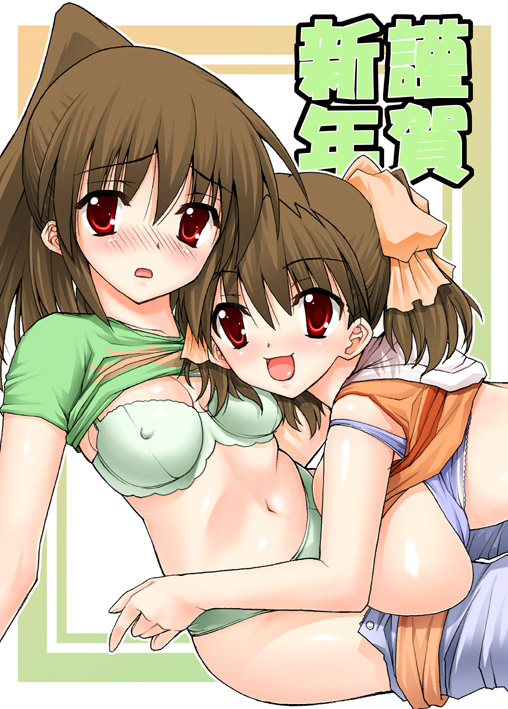 kotobuki utage, katou karen, katou otome, school days, summer days, 00s, 2girls, bra, clothes lift, lingerie, multiple girls, panties, shirt lift, underwear