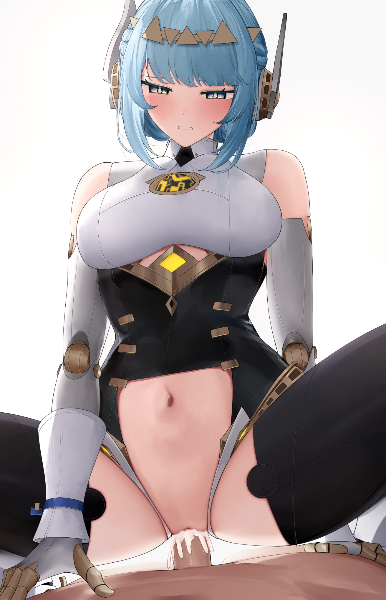 n9at, ineffa (genshin impact), genshin impact, highres, 1boy, 1girl, android, bare shoulders, blue eyes, blue hair, blush, breasts, censored, clenched teeth, cowgirl position, cum, cum in pussy, girl on top, hairband, hetero, joints, medium breasts, medium hair, navel, penis, pussy, robot girl, robot joints, robot sex, sex, sidelocks, spread legs, straddling, teeth, vaginal
