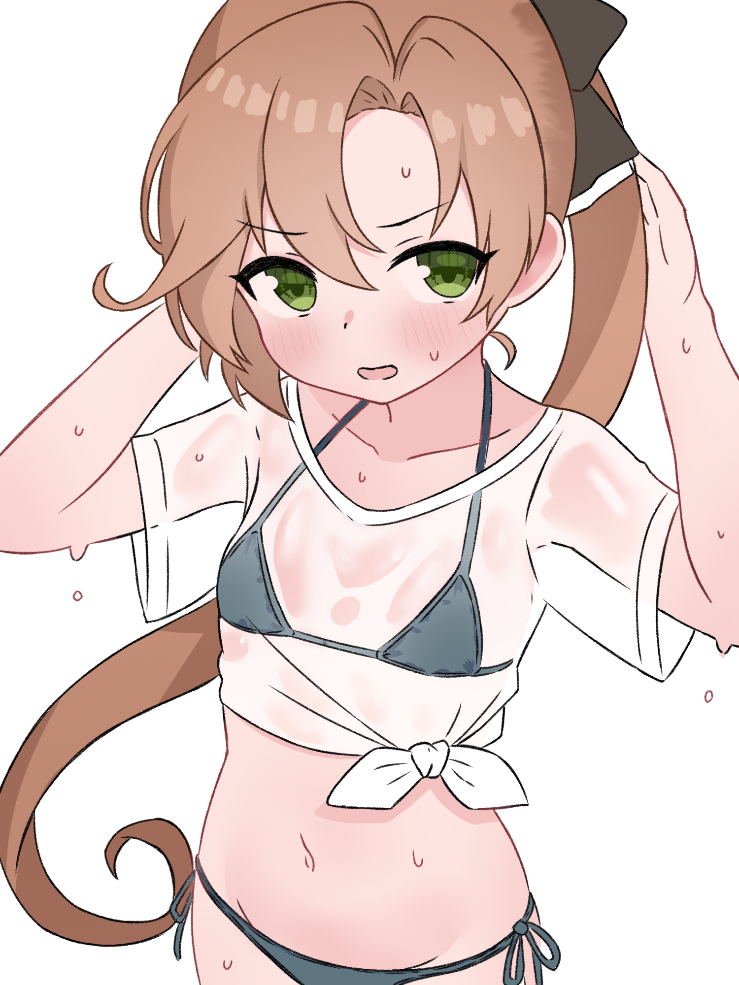 matu (matu19), akigumo (kancolle), kantai collection, commentary request, highres, 1girl, bikini, breasts, brown hair, green eyes, grey bikini, hair ribbon, long hair, looking at viewer, ponytail, ribbon, see-through clothes, see-through shirt, shirt, side-tie bikini bottom, simple background, small breasts, solo, sweater, swimsuit, tied shirt, upper body, white background, white shirt