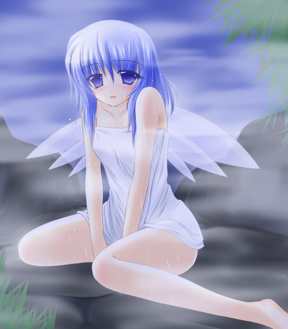 cirno, touhou, 1girl, aged up, dress, female focus, grownup, nature, onsen, outdoors, plant, rain, sky, solo, towel