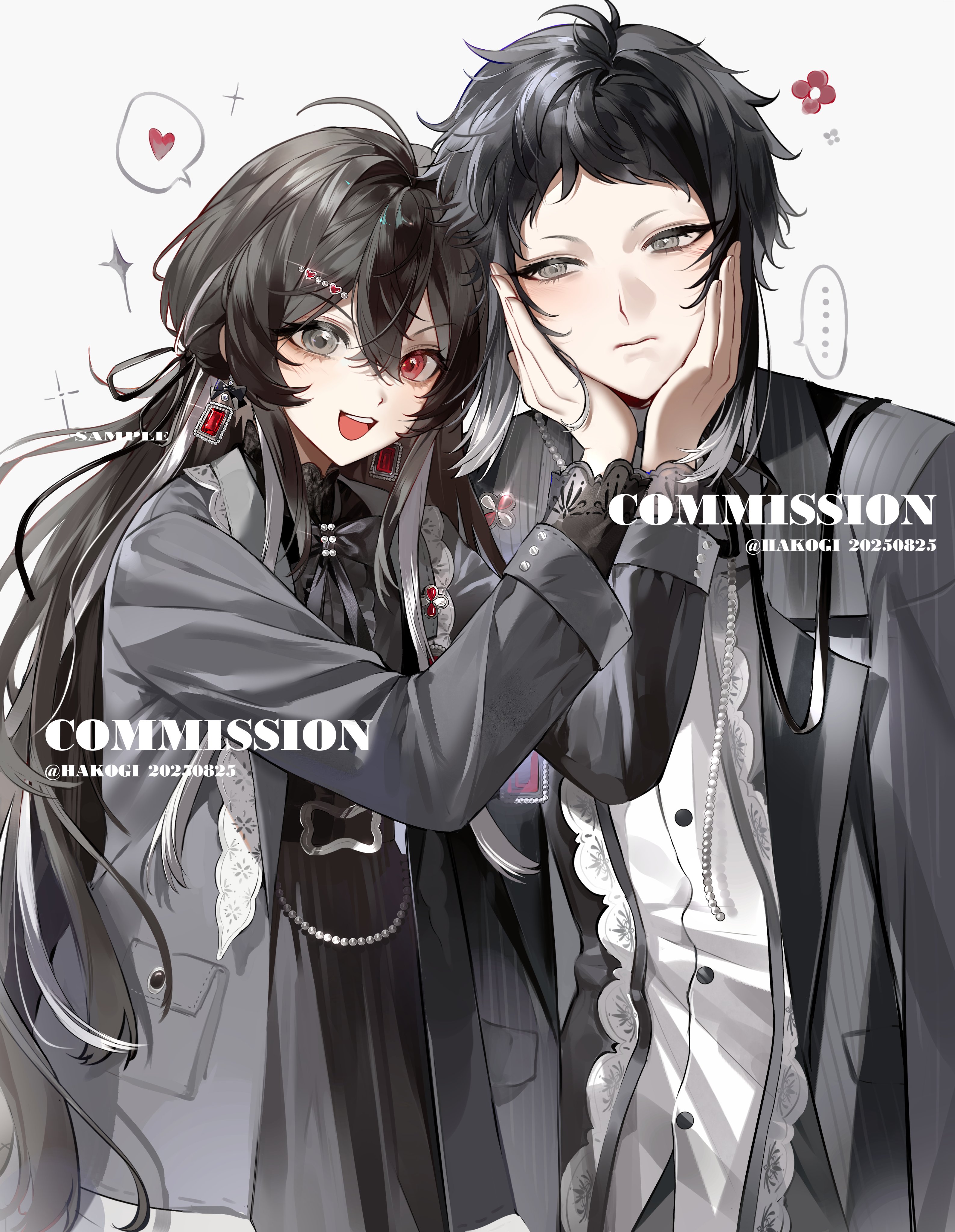 hakogiiii, original, absurdres, commission, highres, 1boy, 1girl, artist name, black dress, black hair, dress, earrings, grey eyes, grey jacket, hands on another's face, heart, heterochromia, jacket, jewelry, long hair, looking at viewer, open clothes, open jacket, open mouth, red eyes, sample watermark, shirt, short hair, spoken heart, twitter username, upper body, watermark, white shirt