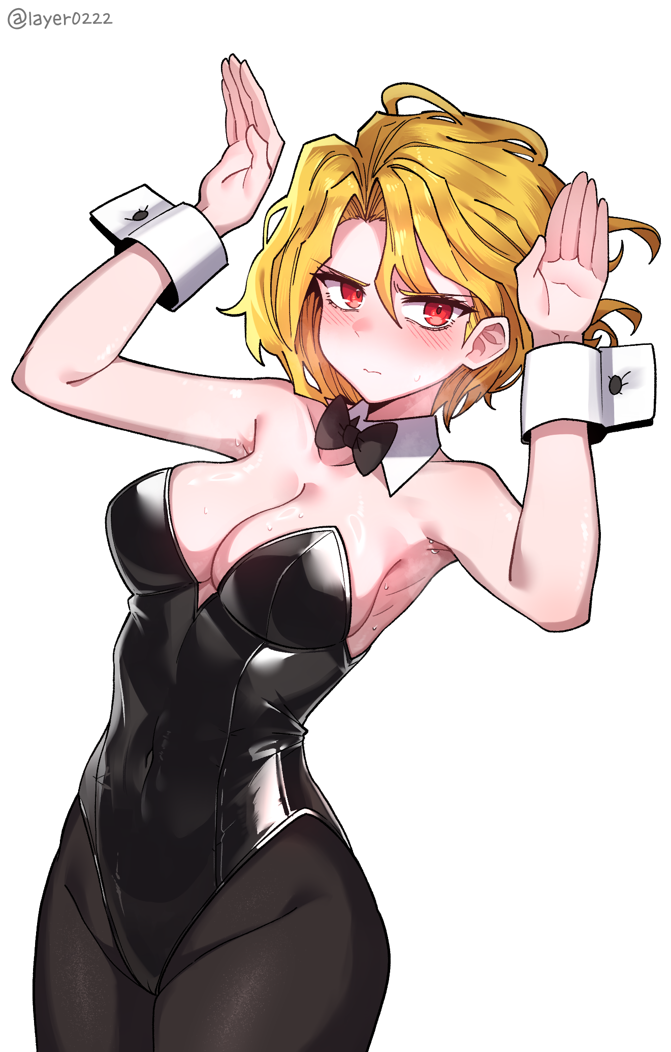 layer (layer illust), don quixote (project moon), sancho (project moon), limbus company, project moon, highres, 1girl, armpits, black leotard, black pantyhose, blonde hair, breasts, cleavage, detached collar, leotard, pantyhose, red eyes, simple background, solo, white background, white wrist cuffs, wrist cuffs