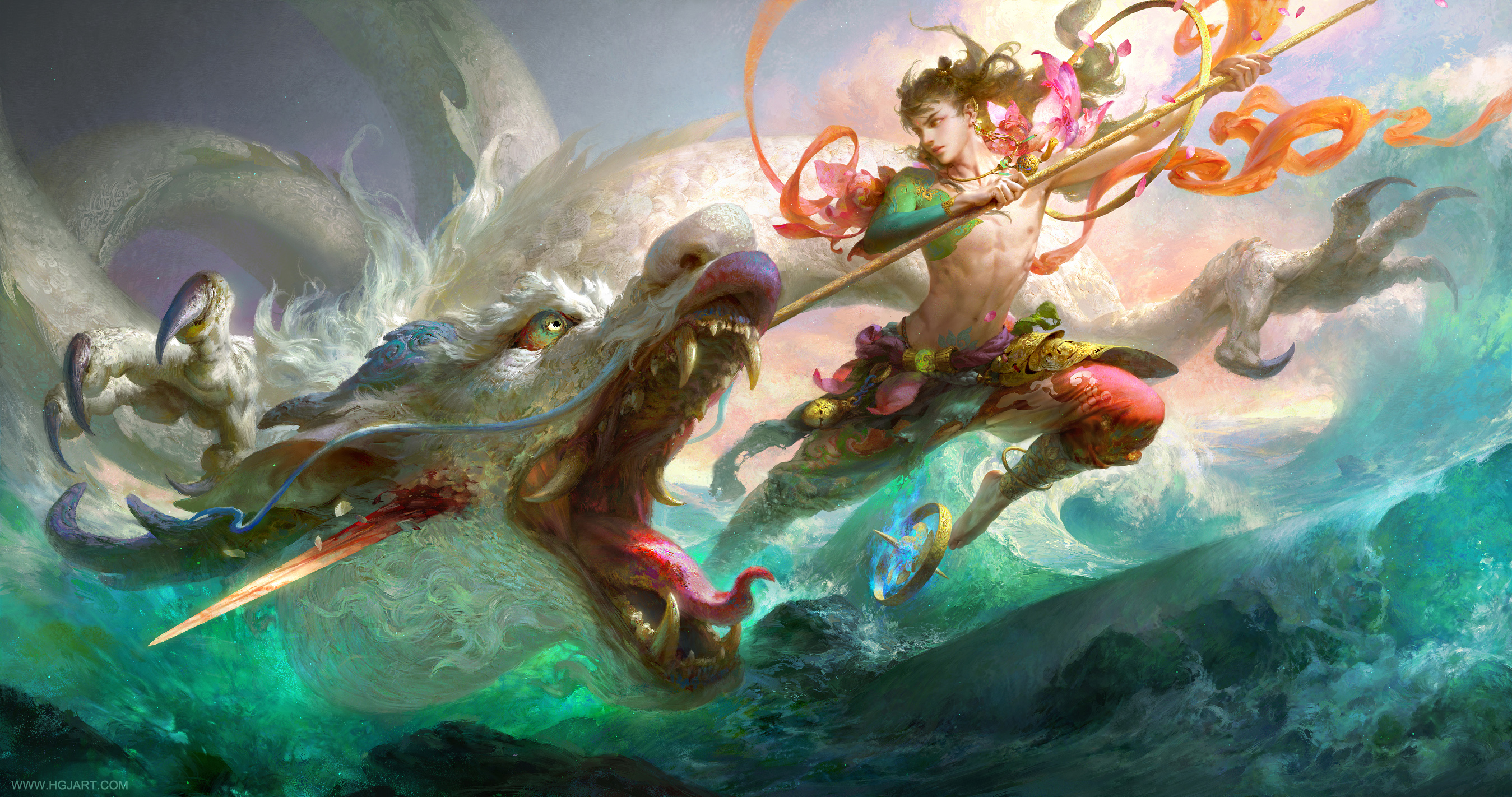 guangjian huang, nezha (nezha zhi motong jiangshi), nezha zhi motong jiangshi, highres, 1boy, dragon, earrings, holding, holding weapon, jewelry, long hair, ocean, waves, weapon