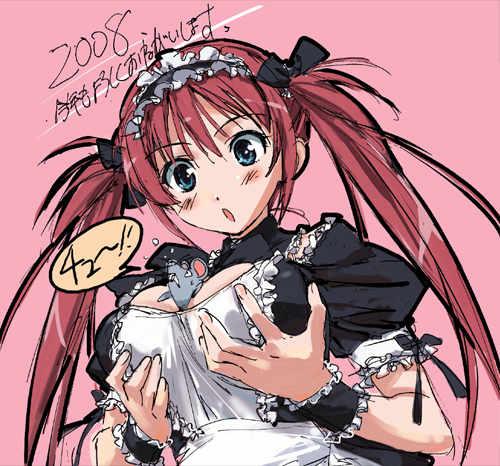 takamura kazuhiro, airi (queen's blade), airi (the infernal temptress), queen's blade, drawing, lowres, 00s, 1girl, :o, animal, animal between breasts, between breasts, black bow, blue eyes, blush, bow, breast smother, breasts, face to breasts, female focus, grabbing another's breast, groping, hair bow, hair ribbon, head between breasts, large breasts, maid, mouse (animal), red hair, ribbon, solo, twintails