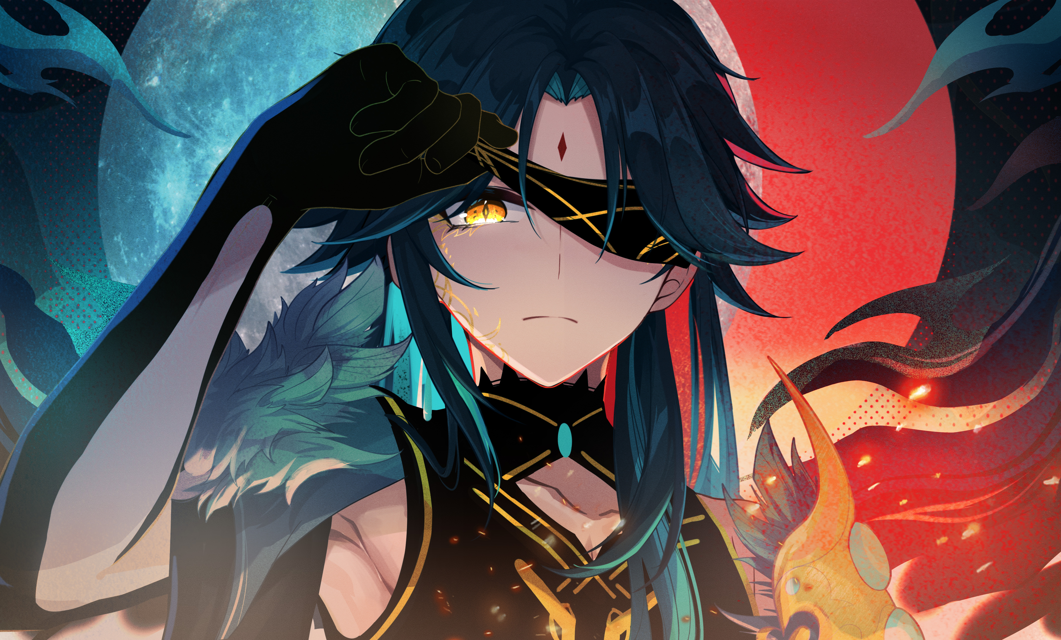 fishinthetea, xiao (genshin impact), genshin impact, absurdres, chinese commentary, highres, 1boy, above-cleavage cutout, alternate costume, alternate hair length, alternate hairstyle, aqua hair, arm tattoo, armor, armpits, black hair, black hands, black robe, black skin, blindfold, blindfold lift, blue background, closed mouth, clothing cutout, collarbone, colored extremities, colored inner hair, colored skin, curtained hair, detached sleeves, earrings, eyeshadow, facial mark, facial tattoo, forehead mark, full moon, fur trim, glowing, glowing eye, jewelry, long hair, looking at viewer, makeup, male focus, moon, multicolored hair, one eye covered, parted bangs, portrait, red background, robe, serious, shoulder armor, single earring, sleeveless, sleeveless robe, slit pupils, smoke, solo, tattoo, two-tone background, wide sleeves, yellow eyes, yellow eyeshadow